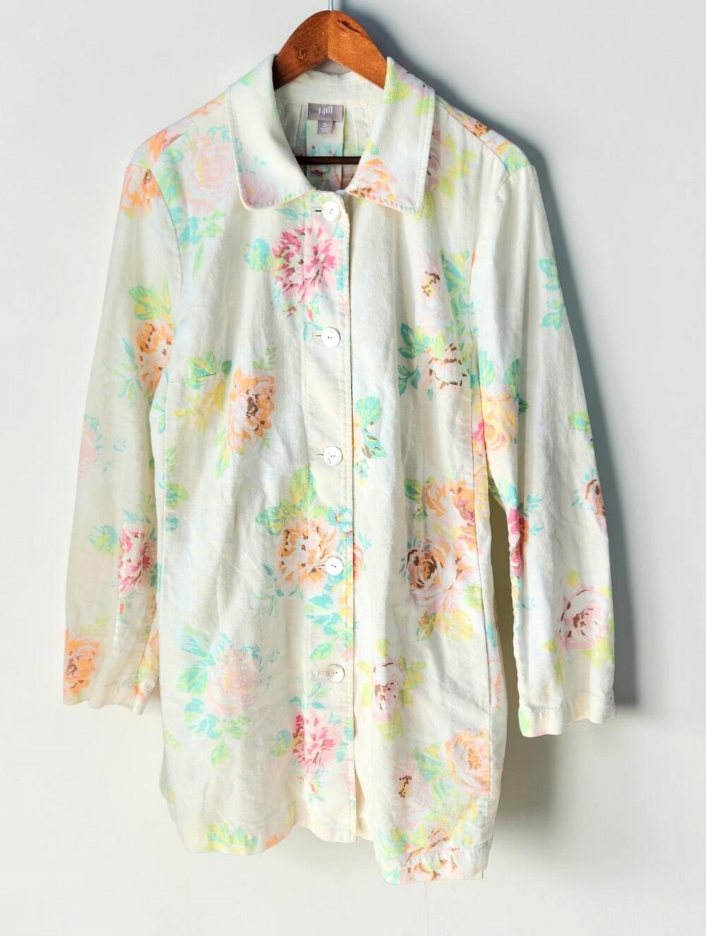 J Jill Linen Cotton Pastel Floral Longline Jacket XL Tall Natural Woven Slub Top